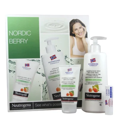 Neutrogena pack hand cream 75 ml + body milk 250 ml + lipstick 4,8 g. Nordic berries.