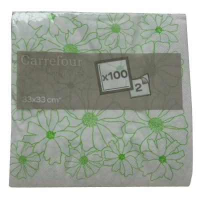 Carrefour napkins. 33x33 cm. 2 layers. Green flowers.