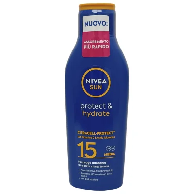 Nivea Sun solar milk 200 ml. Protection 15 with C Vitamin & Hyaluronic Acid.