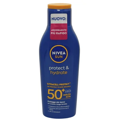 Nivea Sun solar milk 200 ml. Protection 50+ With Vitamin C and Hyaluronic Acid.
