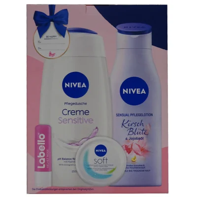 Nivea pack Be happy shower gel 250 ml. + body milk 200 ml. + lipstick 5,5 ml. + soft cream 50 ml.