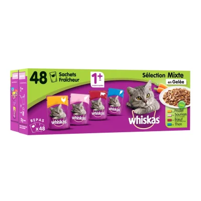 WHISKAS Wet Cat Food Adult Jelly Meat Fish 48 x 100 g