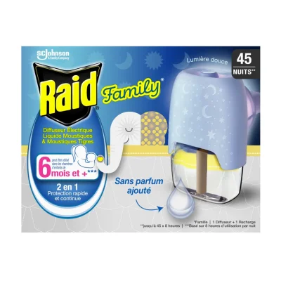 RAID Family electric diffuser against mosquitoes and tiger mosquitoes 45 nights 1 diffuser + 1 refill