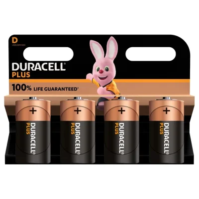 DURACELL Plus Alkaline Batteries D, 1.5V LR20 MN1300, pack of 4