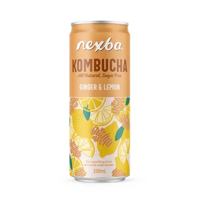 can NEXBA all natural Kombucha sugar free 330ml - Ginger & Lemon