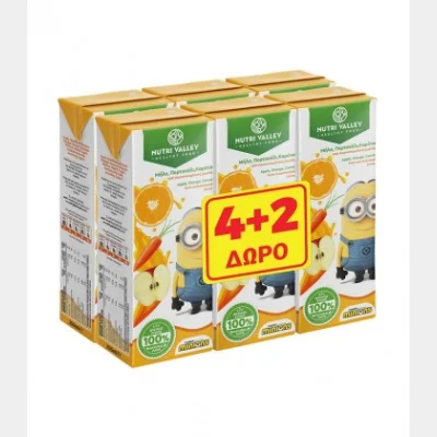 NUTRI VALLEY MINIONS ΧΥΜΟΣ ΜΗΛΟ-ΠΟΡΤΟΚΑΛΙ-ΚΑΡΟΤΟ 250ml 4+2