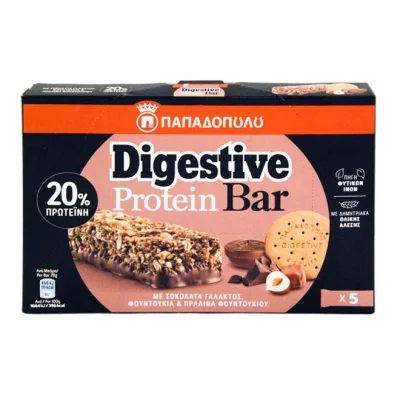 PAPADOPOULOS Digestive bar high protein with milk chocolate, hazelnuts and hazelnut praline 5x28g