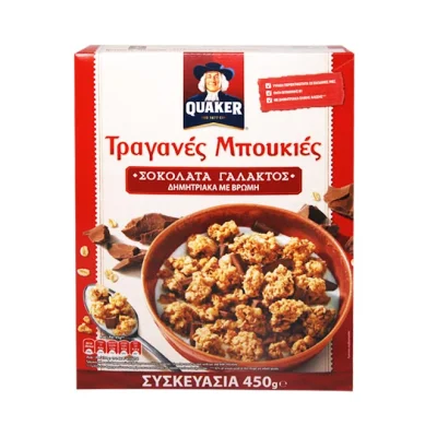 QUAKER crunchy cereal clusters with oat and milk chocolate 450g