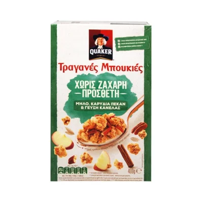 QUAKER crunchy cereal clusters with apple & cinamon flavor & pieces of apple & pecan nuts 400g