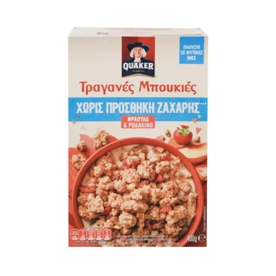 QUAKER crunchy cereal clusters with pieces of strawberry and peach 400g