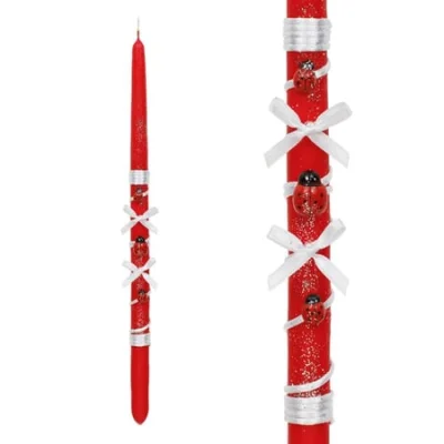 Easter Candle with Ladybugs Λαμπάδα Κόκκινη Λευκή Κορδέλα Πασχαλίτσες