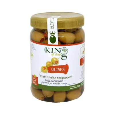 KING OF OLIVES Halkidikis green olives 450g - stuffed with red pepper