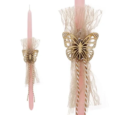 Easter Candle Wooden Butterfly Λαμπάδα Χειροποίητη Ροζ Ξύλινη Πεταλούδα