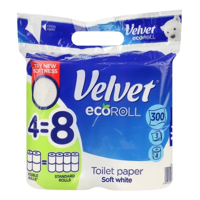 Velvet Toilet Paper A4 White Eco Roll 3 Layers 300 Sheets