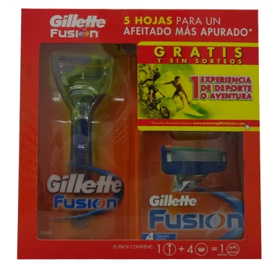 Gillette Fusion 5 pack razor + 4 u. blades + free adventure.