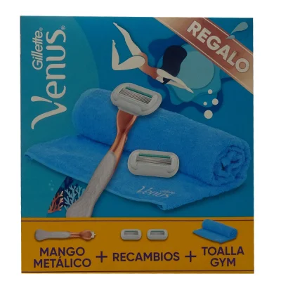 Gillette Venus pack razor + 2 blades + gym towel.