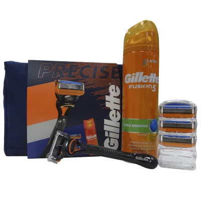 Gillette Fusion 5 toiletry bag. Razor + 3 refills + gel Fusion 5 200 ml. Ultra sensible.