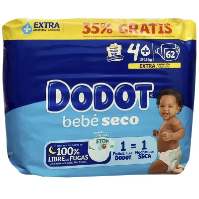 Dodot diapers 62 u. Bebé seco 10-15 kg. Size 4+.