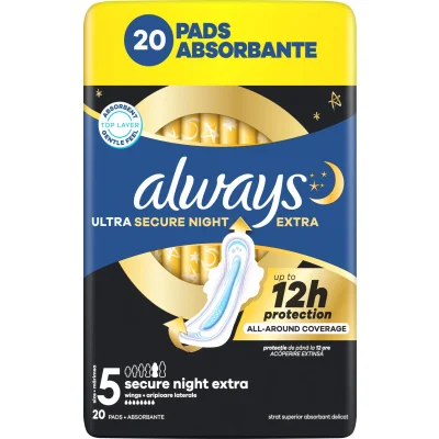 Always Ultra Sanitary Pads Safe Night Extra 20 Count