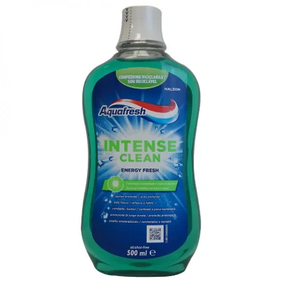 Aquafresh mouthwash 500 ml. Intense clean energy fresh.
