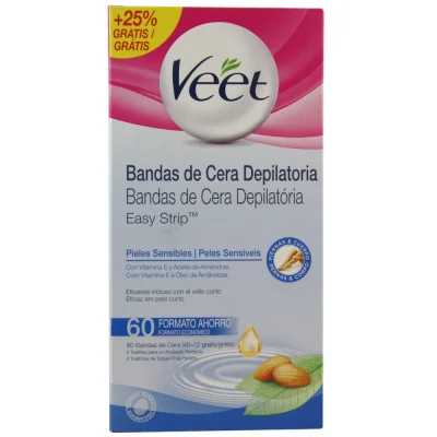 Veet waxing strips 48 + 12 u. + 4 Wipes. Sentive skin.