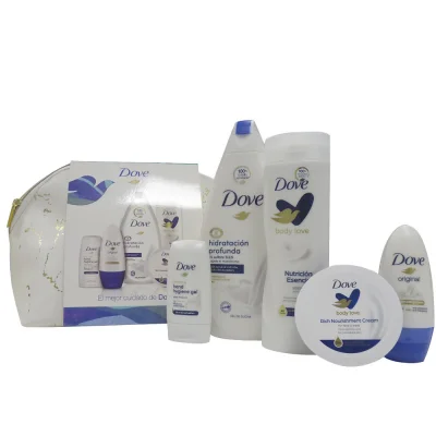 Dove toiletry bag. Gel 500 ml. + body lotion 250 ml. + roll-on 50 ml. + sanitary gel 50 ml. + crema 75 ml.